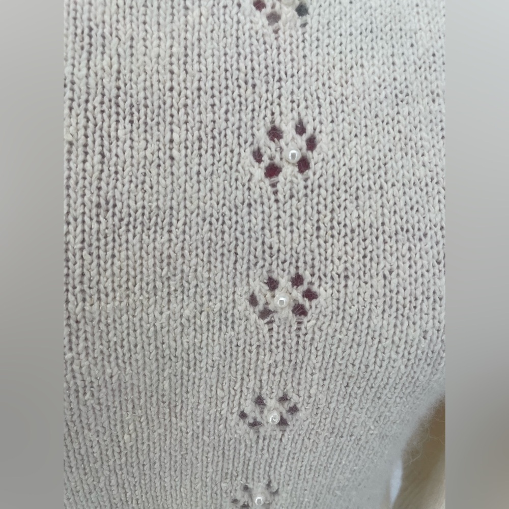 Vintage 80s Silk & Angora Cream Knit Sweater With Floral Cutouts & Pearl Centers - Picture 8 of 15